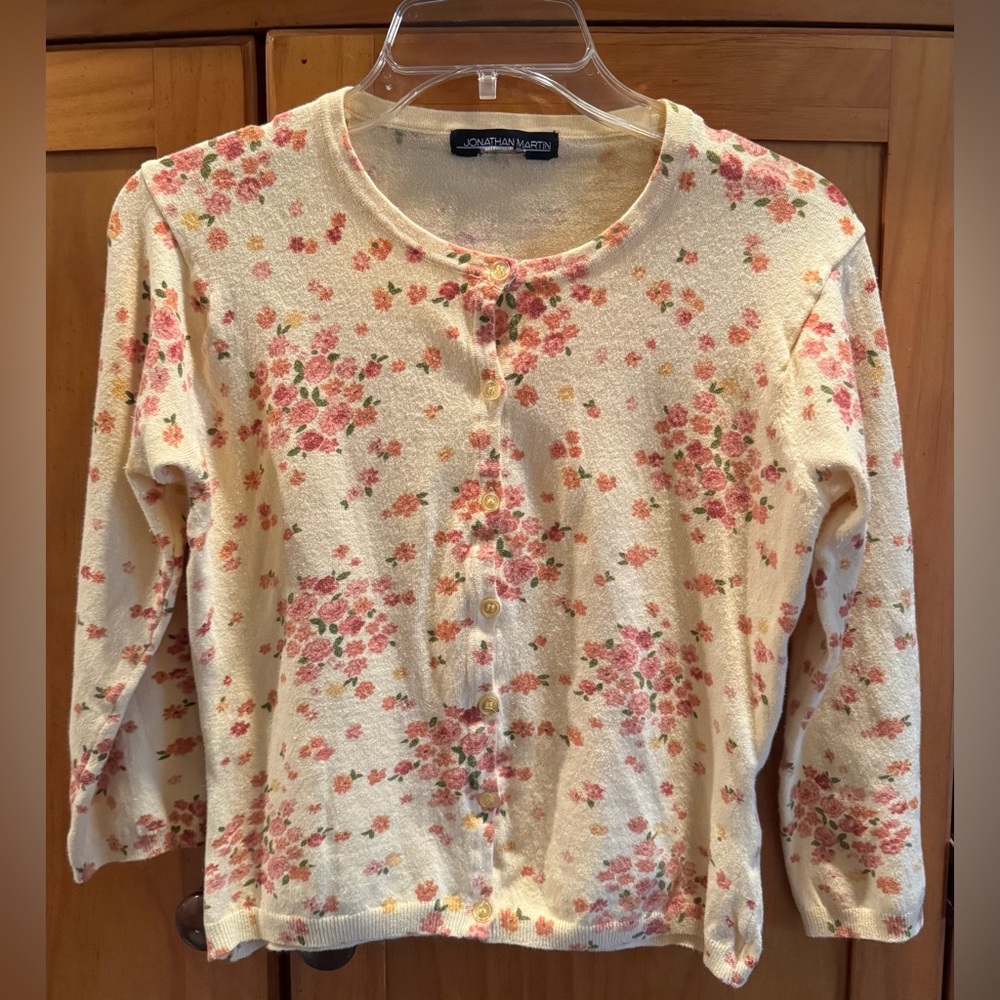 Jonathan Martin Spring Yellow Floral Button Up Cardigan w/ Red & Orange Hues